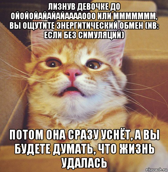 лизнув девочке до ойойойайайайааааооо или ммммммм, вы ощутите энергитический обмен (nb: если без симуляций) потом она сразу уснёт, а вы будете думать, что жизнь удалась