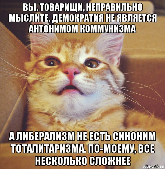 вы, товарищи, неправильно мыслите. демократия не является антонимом коммунизма а либерализм не есть синоним тоталитаризма. по-моему, все несколько сложнее