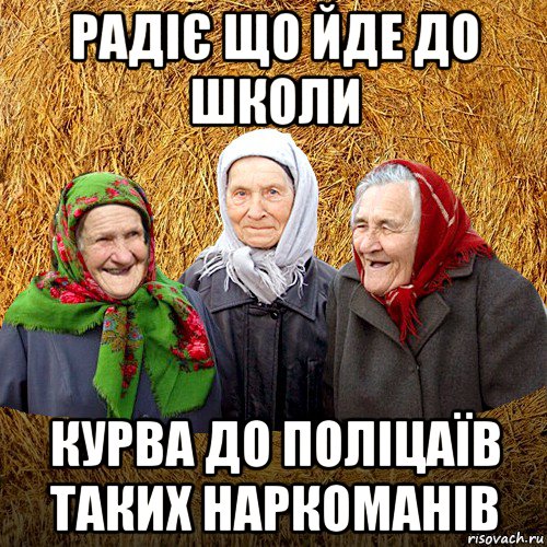 радіє що йде до школи курва до поліцаїв таких наркоманів, Мем  Баба Нюра плетница