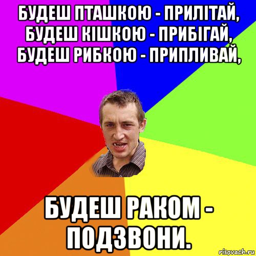 будеш пташкою - прилітай, будеш кішкою - прибігай, будеш рибкою - припливай, будеш раком - подзвони., Мем Чоткий паца