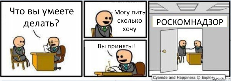 Что вы умеете делать? Могу пить сколько хочу Вы приняты! РОСКОМНАДЗОР, Комикс Собеседование на работу