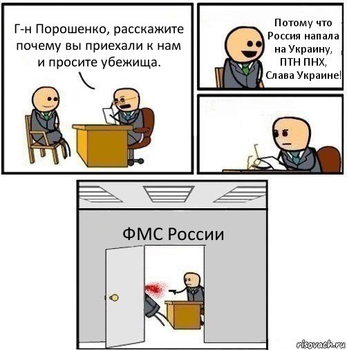 Г-н Порошенко, расскажите почему вы приехали к нам и просите убежища. Потому что Россия напала на Украину, ПТН ПНХ, Слава Украине!  ФМС России, Комикс   Не приняты