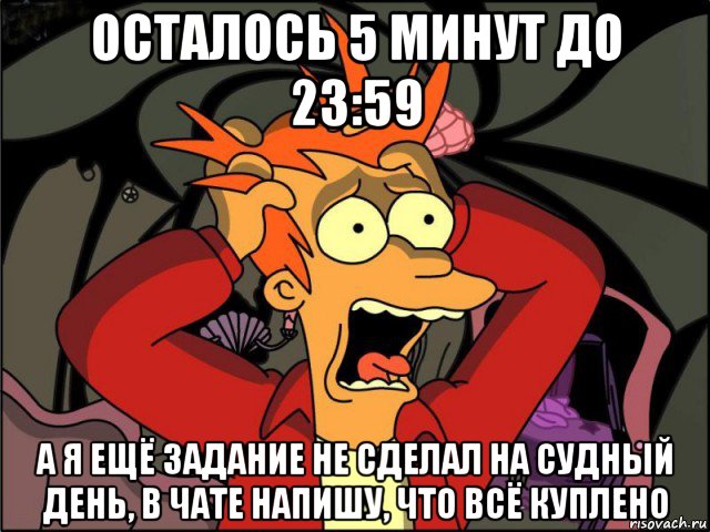 осталось 5 минут до 23:59 а я ещё задание не сделал на судный день, в чате напишу, что всё куплено, Мем Фрай в панике