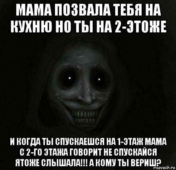 мама позвала тебя на кухню но ты на 2-этоже и когда ты спускаешся на 1-этаж мама с 2-го этажа говорит не спускайся ятоже слышала!!! а кому ты вериш?, Мем Ночной гость