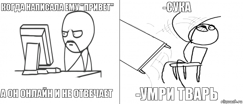 Когда написала ему "привет" А он онлайн и не отвечает -УМРИ ТВАРЬ -Сука, Комикс   Не дождался