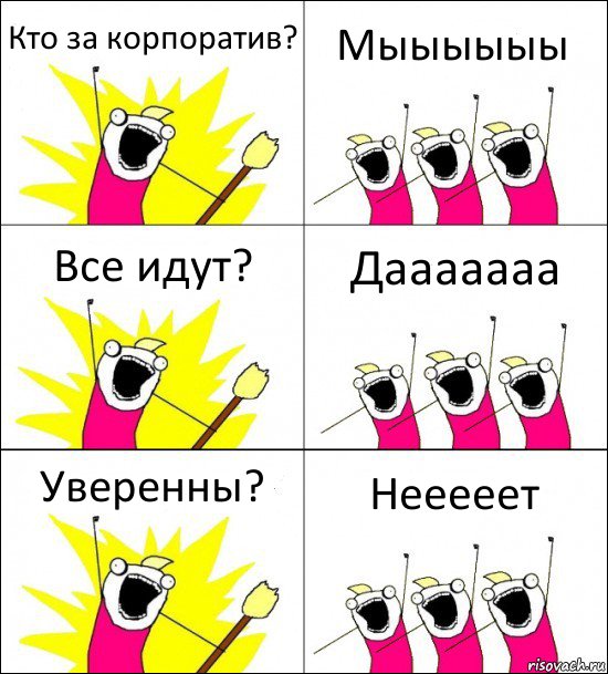 Кто за корпоратив? Мыыыыыы Все идут? Дааааааа Уверенны? Нееееет