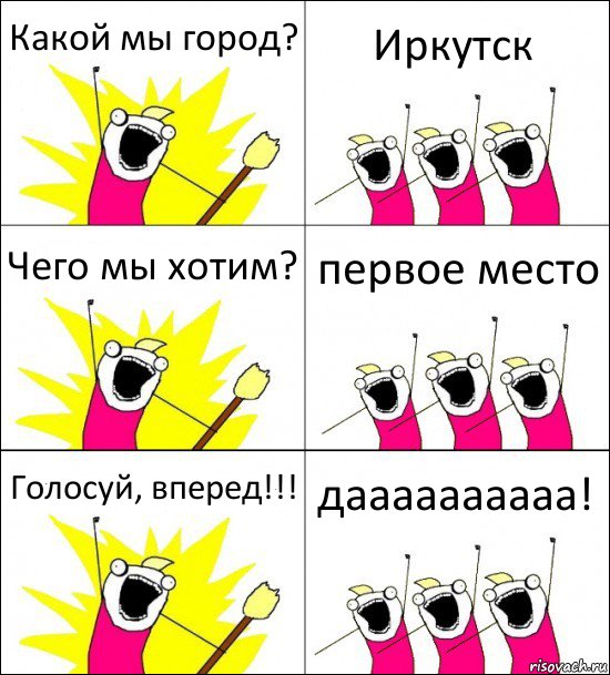 Какой мы город? Иркутск Чего мы хотим? первое место Голосуй, вперед!!! даааааааааа!