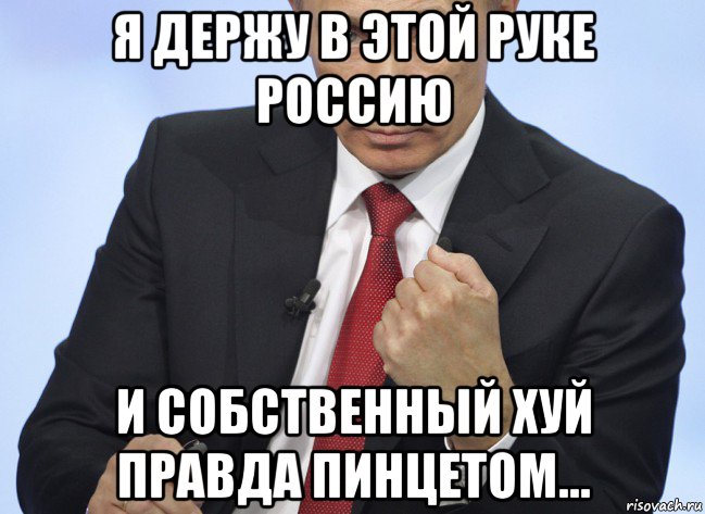 я держу в этой руке россию и собственный хуй правда пинцетом..., Мем Путин показывает кулак