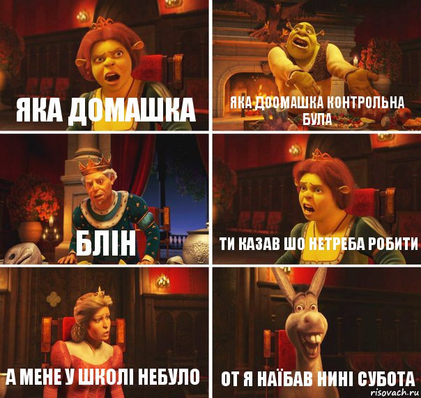 яка домашка яка доомашка контрольна була блін ти казав шо нетреба робити а мене у школі небуло от я наїбав нині субота, Комикс  Шрек Фиона Гарольд Осел