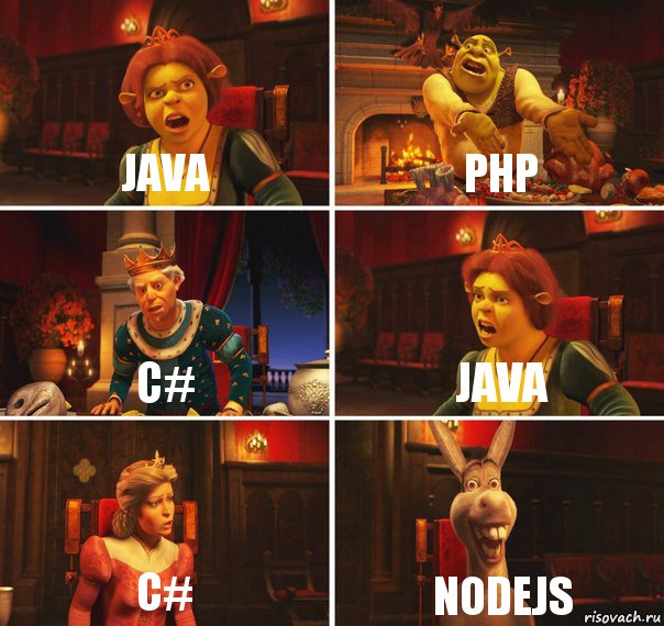 Java PhP C# JAva C# NoDEJs, Комикс  Шрек Фиона Гарольд Осел