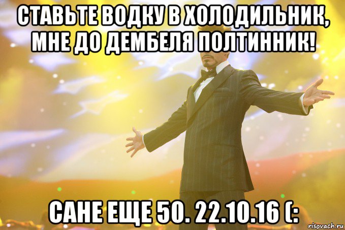 ставьте водку в холодильник, мне до дембеля полтинник! сане еще 50. 22.10.16 (:, Мем Тони Старк (Роберт Дауни младший)