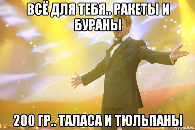 всё для тебя.. ракеты и бураны 200 гр.. таласа и тюльпаны, Мем Тони Старк (Роберт Дауни младший)