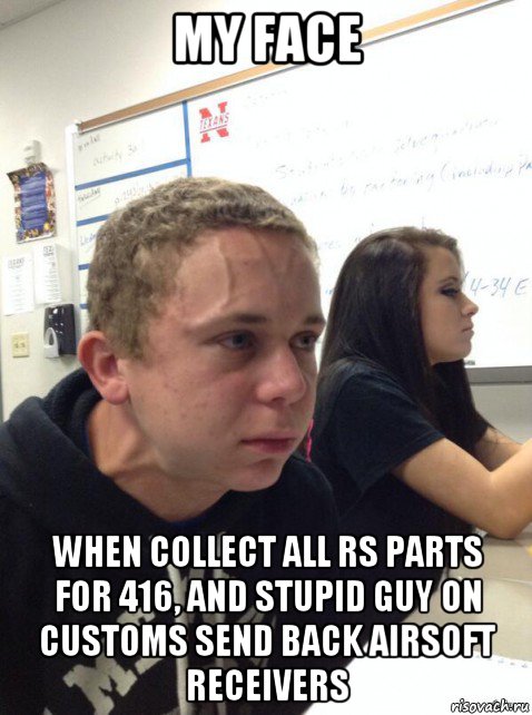 my face when collect all rs parts for 416, and stupid guy on customs send back airsoft receivers