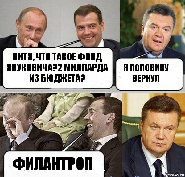 Витя, что такое фонд Януковича?2 милларда из бюджета? я половину вернул Филантроп, Комикс  Разговор Януковича с Путиным и Медведевым