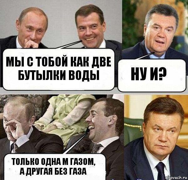 Мы с тобой как две бутылки воды ну и? только одна м газом, а другая без газа, Комикс  Разговор Януковича с Путиным и Медведевым