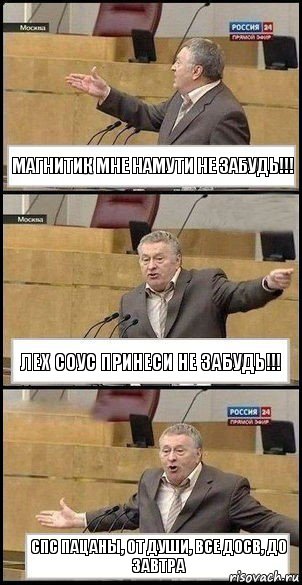 Магнитик мне намути не забудь!!! Лех соус принеси не забудь!!! спс пацаны, от души, все досв, до завтра, Комикс Жириновский разводит руками 3