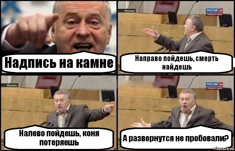 Надпись на камне Направо пойдешь, смерть найдешь Налево пойдешь, коня потеряешь А развернутся не пробовали?, Комикс Жириновский