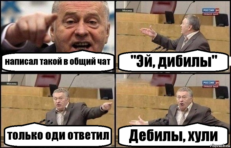 написал такой в общий чат "Эй, дибилы" только оди ответил Дебилы, хули, Комикс Жириновский