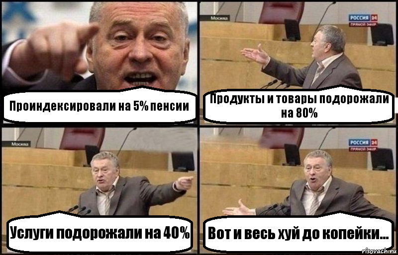 Проиндексировали на 5% пенсии Продукты и товары подорожали на 80% Услуги подорожали на 40% Вот и весь хуй до копейки..., Комикс Жириновский