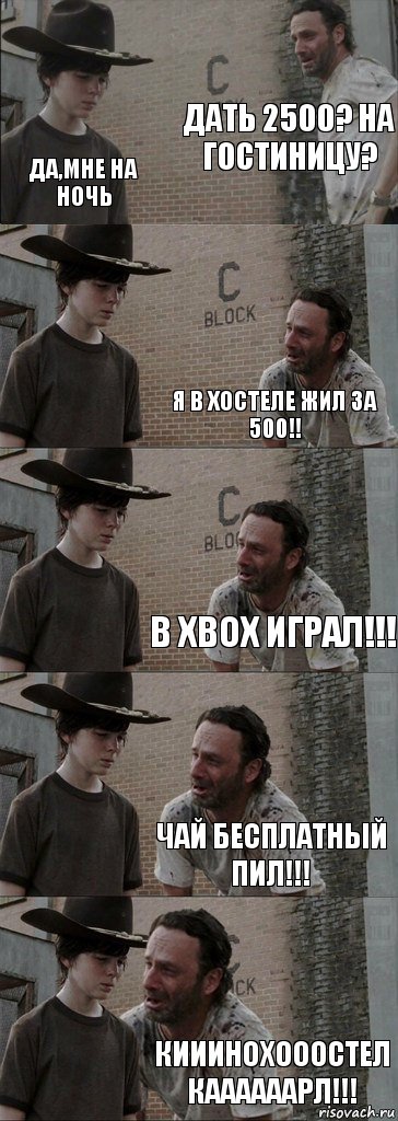 Дать 2500? нА гостиницу? Да,мне на ночь Я в хостеле жил за 500!! В xbox играл!!! Чай бесплатный пил!!! Кииинохооостел Каааааарл!!!