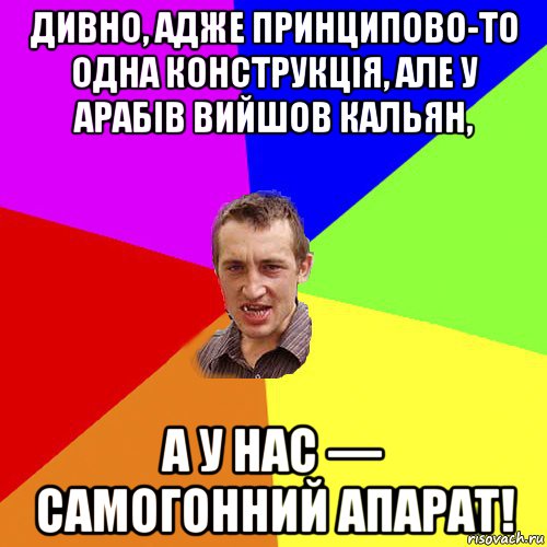 дивно, адже принципово-то одна конструкція, але у арабів вийшов кальян, а у нас — самогонний апарат!, Мем Чоткий паца