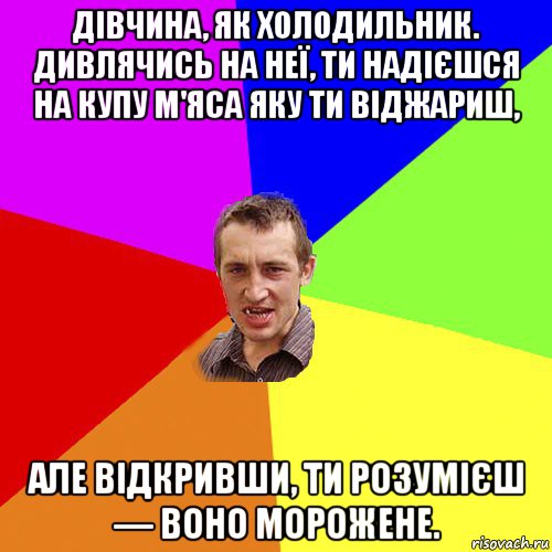 дівчина, як холодильник. дивлячись на неї, ти надієшся на купу м'яса яку ти віджариш, але відкривши, ти розумієш — воно морожене., Мем Чоткий паца