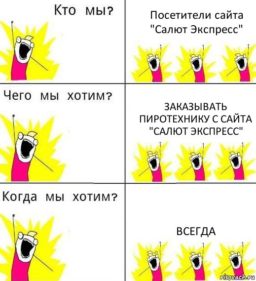 Посетители сайта "Салют Экспресс" Заказывать пиротехнику с сайта "Салют Экспресс" Всегда, Комикс Что мы хотим