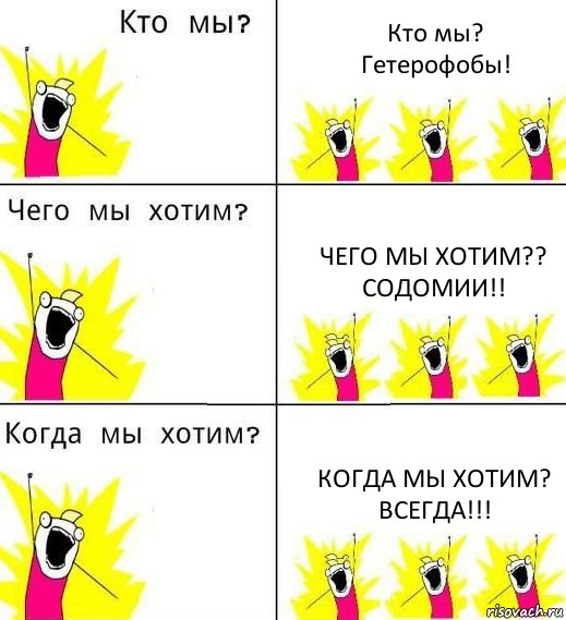 Кто мы?
Гетерофобы! Чего мы хотим??
Содомии!! Когда мы хотим?
Всегда!!!, Комикс Что мы хотим