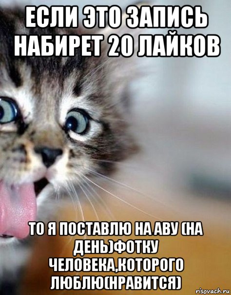 если это запись набирет 20 лайков то я поставлю на аву (на день)фотку человека,которого люблю(нравится)