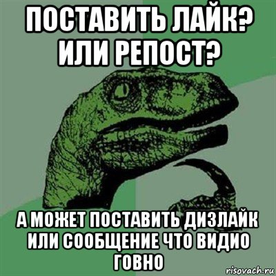 поставить лайк? или репост? а может поставить дизлайк или сообщение что видио говно, Мем Филосораптор