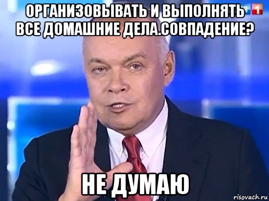 организовывать и выполнять все домашние дела.совпадение? не думаю, Мем Киселёв 2014