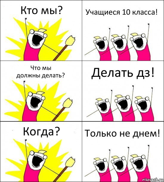 Кто мы? Учащиеся 10 класса! Что мы
должны делать? Делать дз! Когда? Только не днем!, Комикс кто мы