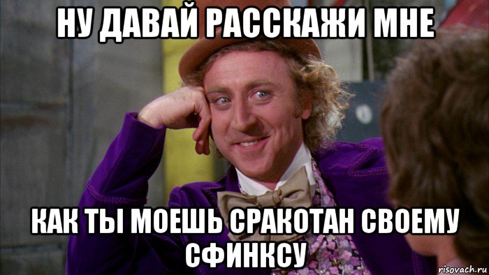 ну давай расскажи мне как ты моешь сракотан своему сфинксу, Мем Ну давай расскажи (Вилли Вонка)