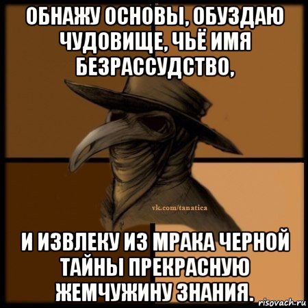 обнажу основы, обуздаю чудовище, чьё имя безрассудство, и извлеку из мрака черной тайны прекрасную жемчужину знания., Мем Plague doctor