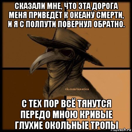 сказали мне, что эта дорога меня приведёт к океану смерти, и я с полпути повернул обратно. с тех пор всё тянутся передо мною кривые глухие окольные тропы, Мем Plague doctor