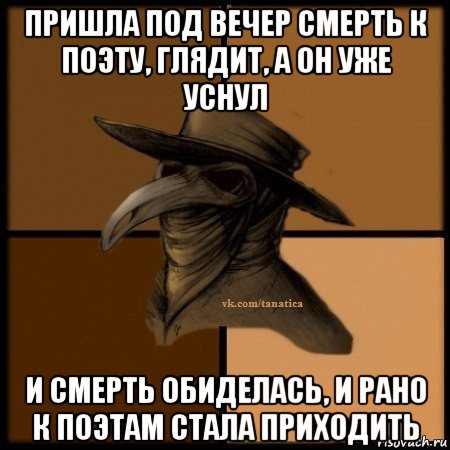 пришла под вечер смерть к поэту, глядит, а он уже уснул и смерть обиделась, и рано к поэтам стала приходить, Мем Plague doctor