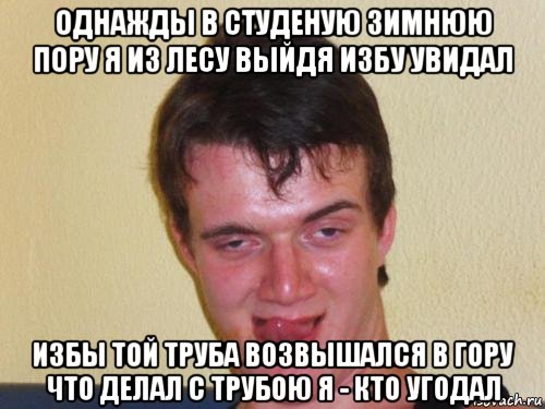 однажды в студеную зимнюю пору я из лесу выйдя избу увидал избы той труба возвышался в гору что делал с трубою я - кто угодал, Мем real high guy