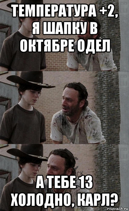 температура +2, я шапку в октябре одел а тебе 13 холодно, карл?, Мем Рик и Карл