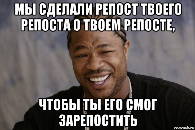 мы сделали репост твоего репоста о твоем репосте, чтобы ты его смог зарепостить, Мем Xzibit