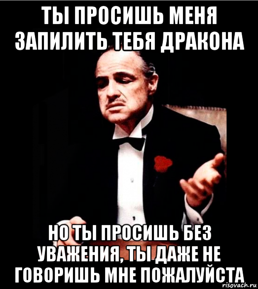 ты просишь меня запилить тебя дракона но ты просишь без уважения, ты даже не говоришь мне пожалуйста