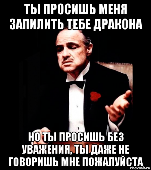 ты просишь меня запилить тебе дракона но ты просишь без уважения, ты даже не говоришь мне пожалуйста