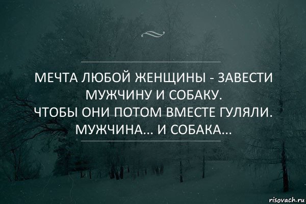 Мечта любой женщины - завести мужчину и собаку.
Чтобы они потом вместе гуляли.
Мужчина... и собака...