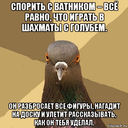 спорить с ватником – всё равно, что играть в шахматы с голубем. он разбросает все фигуры, нагадит на доску и улетит рассказывать, как он тебя уделал., Мем голубь