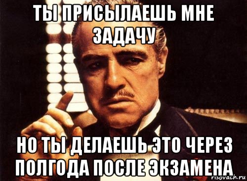 ты присылаешь мне задачу но ты делаешь это через полгода после экзамена, Мем крестный отец