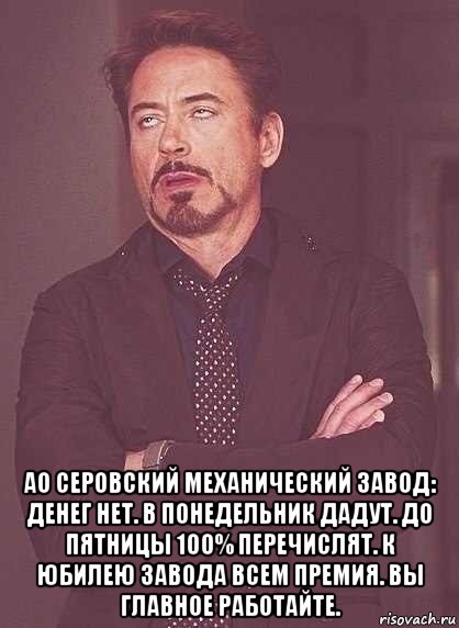  ао серовский механический завод: денег нет. в понедельник дадут. до пятницы 100% перечислят. к юбилею завода всем премия. вы главное работайте., Мем  Мое выражение лица (вертик)