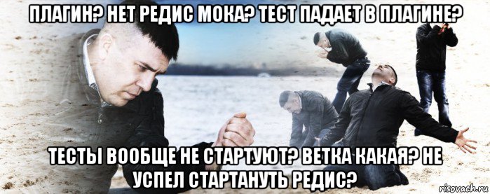 плагин? нет редис мока? тест падает в плагине? тесты вообще не стартуют? ветка какая? не успел стартануть редис?, Мем Мужик сыпет песок на пляже