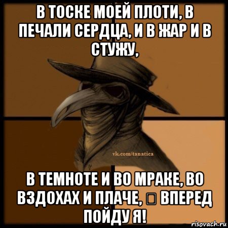 в тоске моей плоти, в печали сердца, и в жар и в стужу, в темноте и во мраке, во вздохах и плаче, ‑ вперед пойду я!, Мем Plague doctor