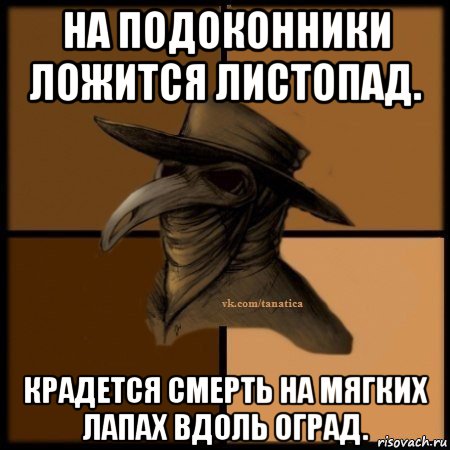 на подоконники ложится листопад. крадется смерть на мягких лапах вдоль оград., Мем Plague doctor