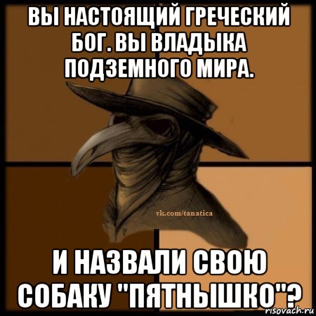 вы настоящий греческий бог. вы владыка подземного мира. и назвали свою собаку "пятнышко"?, Мем Plague doctor