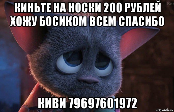 киньте на носки 200 рублей хожу босиком всем спасибо киви 79697601972